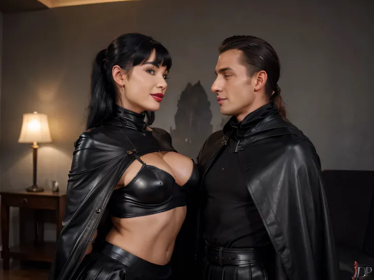 proFessional photograph oF a gorgeous smiling happy soaked medieval Bettie page woman and her lover, dressed with a ancient wide black full cloak ,ponytail Black hair, red lipstick,black long maxi-skirt (black long maxi-skirt:1.2),sultry Flirty look, gorge...