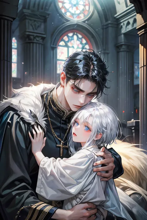 A 20-year-old young priest is a young man who loves justice, has a kind heart, is cute and loved by everyone, but has a weak body, making the young priest have a small and fragile body. The young priest has platinum-white hair, bright blue eyes, and is gen...