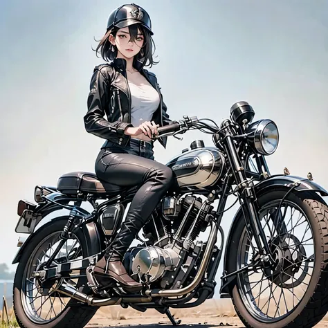 Bluff Superior SS100、(クラシックRiding on motorcycle )、(Vintage Bikes、Bluff Superior SS100)、Isle of Man Races、 (Riding on motorcycle:1.2), Beautiful young woman、1、Beautiful Face, Beautiful and delicate eyes, Black Hair, Short Bob Hair,  Classic Leather Jacket、C...