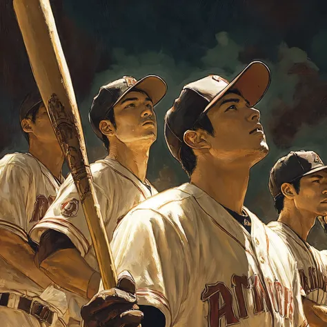 painting of a group of baseball players standing next to each other, Robbery King and kentaro miura style, Inspired by Rodel Gonzalez, Robbery King and kentarõ miura style, inspired by F Scott Hess, Inspired by Saul Tepper, Very very Roberto Ferri, Robbery...