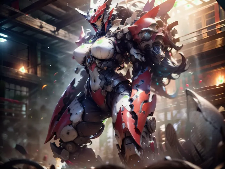 mecha (flegs),Red plum tea,A red mecha standing in the endless sea,deep sea,Heavy Armor,Strong limbs,Energy Core,Power Armor,Fully Armed,Highest quality,masterpiece,,V-shaped fins,Burner Boost,Large Breasts,Feminine lines,(((mask))),信じられないほどのディテールを備えた受賞歴のあ...