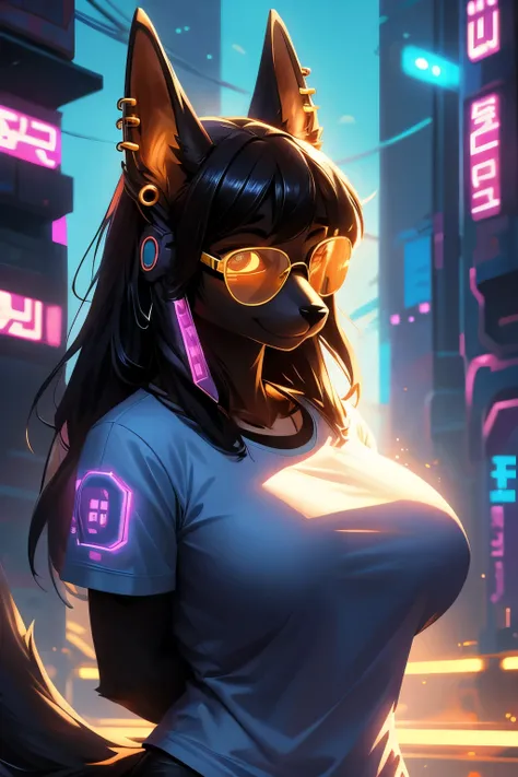 (Cyberpunk), (hands behind back), furry, anubis, female, white fur, super cute face, blue aviator glasses, ear piercing, big breast, detail elements on fur, glowing t-shirt, beautiful lights and shadows, ambient light, super fine fur, volumetric light,