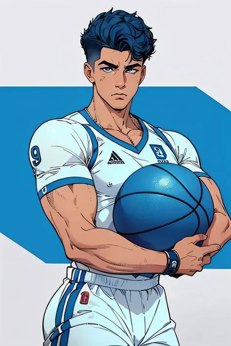 2 boy, handsome, his skin is light tropical Latin, his hair is white with a graduation cut and the sides in high fade, he wears basketball clothes in blue colors of various shades, he has stickers on his face, the image has an aesthetic of the 90s and 2000...