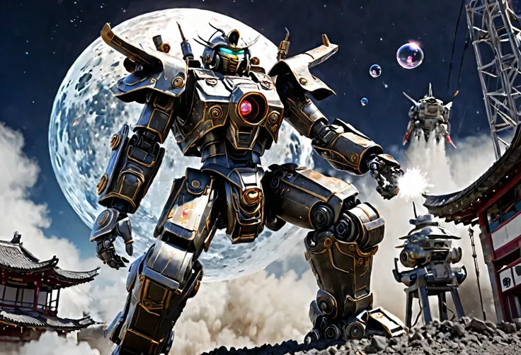 A giant robot (samurai theming, head has helmet styling and a large bubble dome cockpit), lunar surface, stars in back ground, action pose, shooting a rocket fist at viewer connected to mech via chain