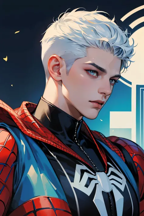 2 boy, twink, handsome, his skin is light tropical Latin, his hair is white with a graduation cut and the sides in high fade, he wears Spider-Man clothes, he has Marvel Comics stickers on his face, we can see the image of his bust and face, side profile vi...