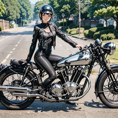 (riding on motorcycle:1.2)、(vintage bikes、bluff superior ss100)、 beautiful young woman、1 person、beautiful face, beautiful and de...