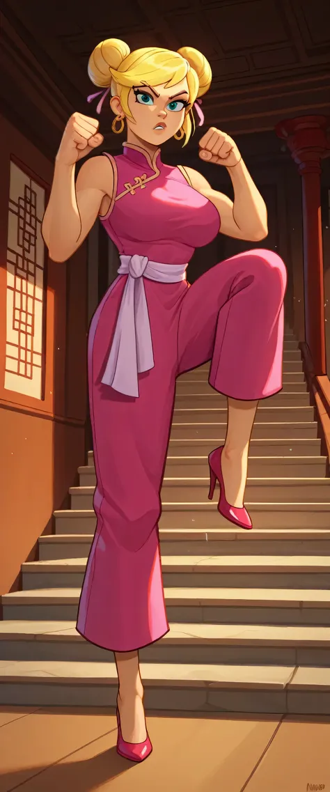 lola loud, 1girl, solo, 24yo girl, large breasts, pink cheongsam,  inside of a chinese temple, looking at viewer, blonde hair, two hair buns , hands  score_9, score_8_up, score_7_up, high heels, teep fighting stance,martial arts, stairs behind her, guardin...