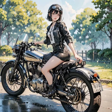 (riding on motorcycle:1.2)、(vintage bikes、bluff superior ss100)、 beautiful young woman、1 person、beautiful face, beautiful and de...