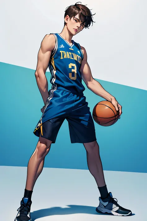 2 boy, twink, handsome, his skin is light tropical Latin, his hair is long and dark brown, he wears blue and black basketball clothes, we can see the image in full showing him full body, the background is solid black.