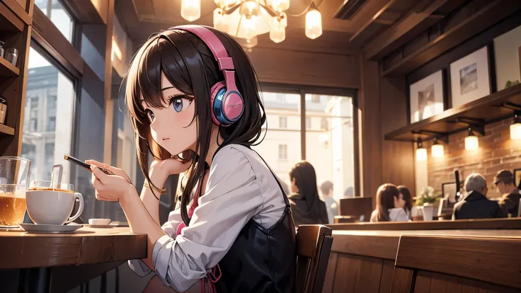 Girl with headphones enjoying music in a cafe　I am studying　Emphasize a little bit of the chest