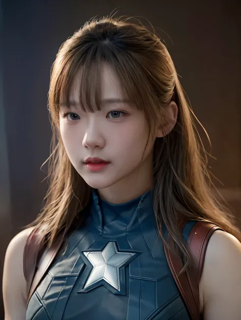 1 girl is captain america 8k, high definition, ใบหน้าที่มีdetails, ใบหน้าที่มีdetails, ดวงตาที่มีdetails, ชุดdetails, In the style of Marvel and DC, Too realistic, + movie shot + dynamic elements, detailsอย่างไม่น่าเชื่อ, sharpen, details + superb details ...