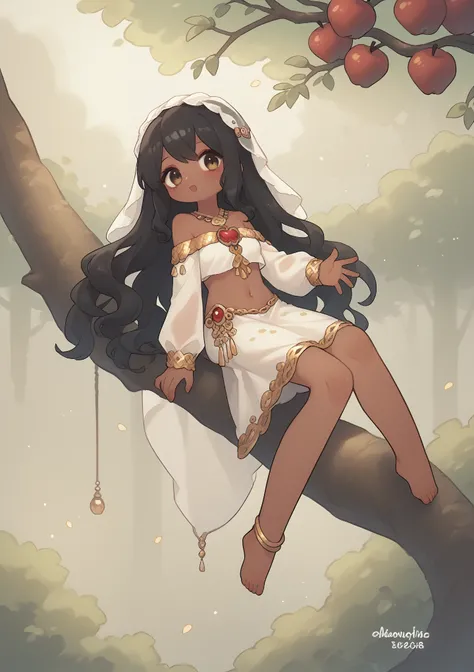 forest,girl,Sit on a tree branch,Dark skin,Black long hair,White T-veil,Gold sequined chest ornament,Indian style,Navel,Off-shoulder dress,barefoot,Reaching for the red apples on the tree,Python in the Dark,Movie lighting,Highest quality,Eye