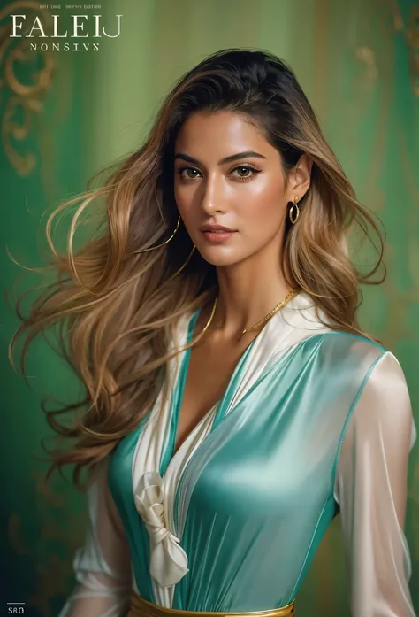 “A beautiful, sensual woman standing confidently. She has long, flowing hair and is wearing an elegant, form-fitting dress that accentuates her curves. The lighting is soft and warm, highlighting her smooth skin and delicate features. She strikes a pose th...