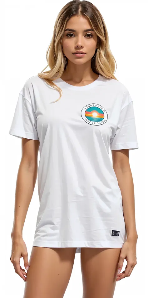 a woman wearing a white shirt standing in front of a white background, white tshirt, white t - shirt, white t-shirt, full height view, official product photo, graphic print, sunset view, sunset sunrise, graphic tees, wearing a t-shirt, dressed in a white t...