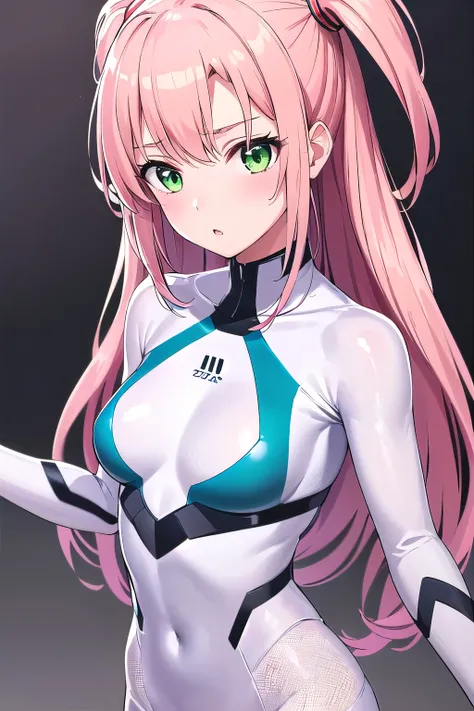 1girl,Samus aran,solo,green eyes, pink hair, forehead   hair, white zero suit,white body suit,purple stripes,cowboy shot,blush,,Science fiction,ultra-detailed,sharp focus,aesthetic,(best quality), white background, (Trying to get out of the bodysuit.:1.2)