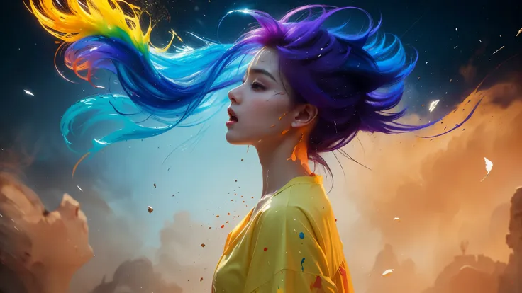 (level difference:1.8),(Paint colliding and splashing on the canvas),(depth of field),(flat color :1.1,(yellow theme)),1 girl,screaming,propaganda poster,full body,strong wind,heavy smoke,(liquid paint rainbow hair:1.1) made of paint and defies gravity,thi...