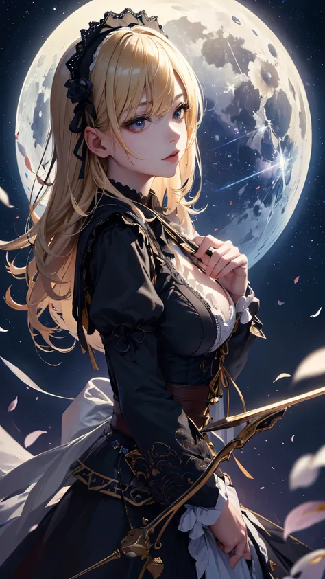 masterpiece, high quality, 4K, Beautiful design, silhouette,bionde, Highly Detailed Starry Sky at Night,Flower Field, wonderful, Finer details, Very knowledgeable woman, Highly detailed solo, 1 female,Big Breasts,Gothic Lolita Fashion,Night view,Starry Sk...