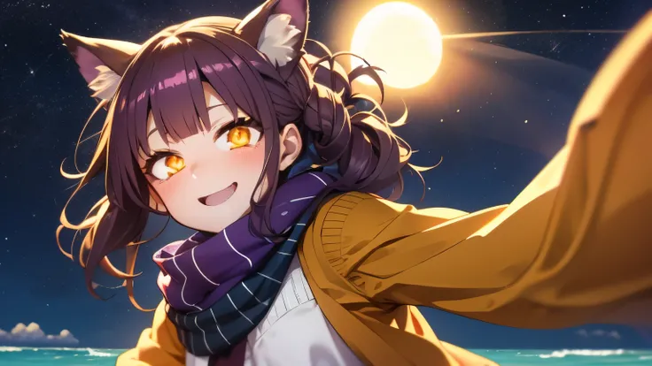 photorealistic, 1girl, saturated violet hair, orange fox ears (1.7), flat chest (1.7), puffed out her cheeks, saturated glowing bright orange eyes, cat-like pupils (2), sandy beach, denim shorts, sweater, narrow waist (2), happy eyes, cutely holds,flirts(1...