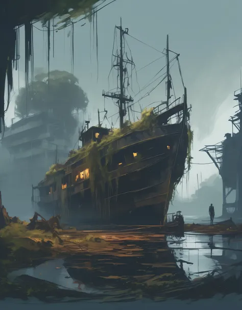 sketch, a hauntingly beautiful dystopian boatyard, overgrown with vines and moss, where a group of deer roam freely among the ru...