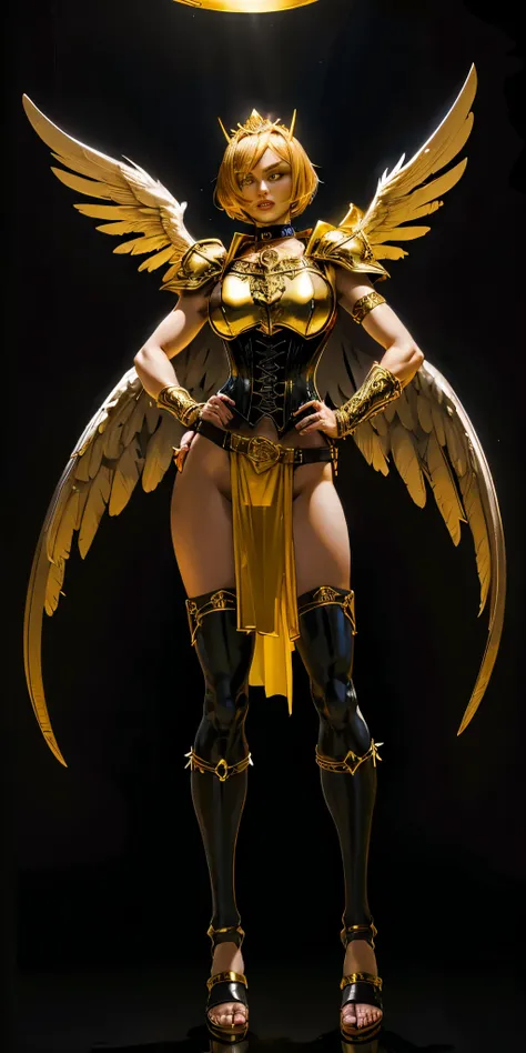 (black background) paladin lady in ornate golden armor, black collar, pauldrons, breastplate, leather corset, glowing halo, shor...