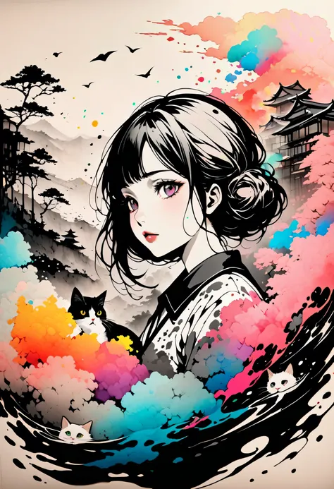 Painting of a beautiful girl holding a cat、Filled with love for cats、love deep、chaos、(Ink drawing on Japanese paper, Landscape painting that bleeds easily)、(Picture book-like contemporary art) ,Dark Side Artistic、Contemporary Art、(Transparent watercolor) (...