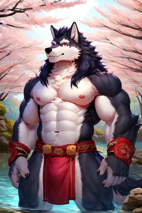 Male wolf , thin muscular , White belly and face 、Black body , White long hair  , View from the front, Show your crotch , Wearing a Japanese white loincloth, Upper body naked , Big bulging crotch , Gentle eyes looking into the distance , Bright lakeside wi...