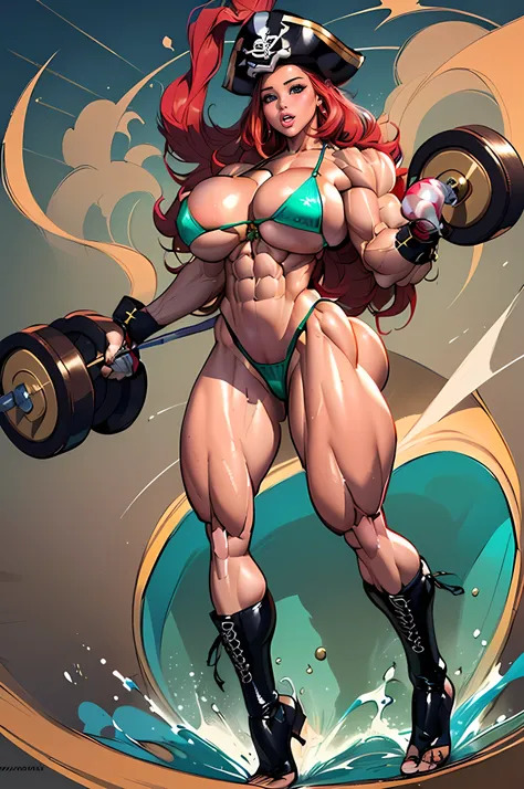 full body, (1girl), Girl with wavy red hair, (Sexual Erotic Pose:1.6), tanned skin, (Erotic Steampunk Pirate Micro Bikini:1.4), (Wide hips:1.8), narrow waist, (Long Legs:1.6), ((((Massive Female Bodybuilder:2)))), ((((Gigantic Breasts:2)))), (Perfect Anato...