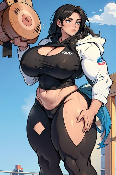 ((1girl)) tall solo curvy extremely long hair perfect anatomy (Giant Breasts:1.5) ((Massive Female Bodybuilder)) hoodie leggings Sexual Erotic Pose