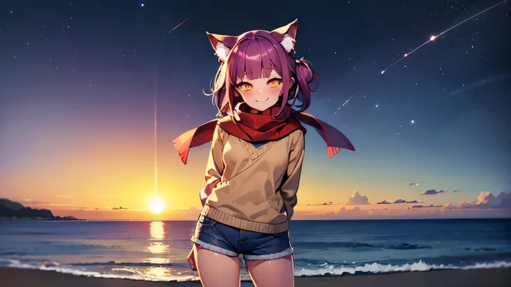 photorealistic, 1girl, saturated violet hair, orange fox ears (1.7), flat chest (1.7), puffed out her cheeks, saturated glowing bright orange eyes, cat-like pupils (2), sandy beach, denim shorts, sweater, narrow waist (2), happy eyes, cutely holds,flirts(1...