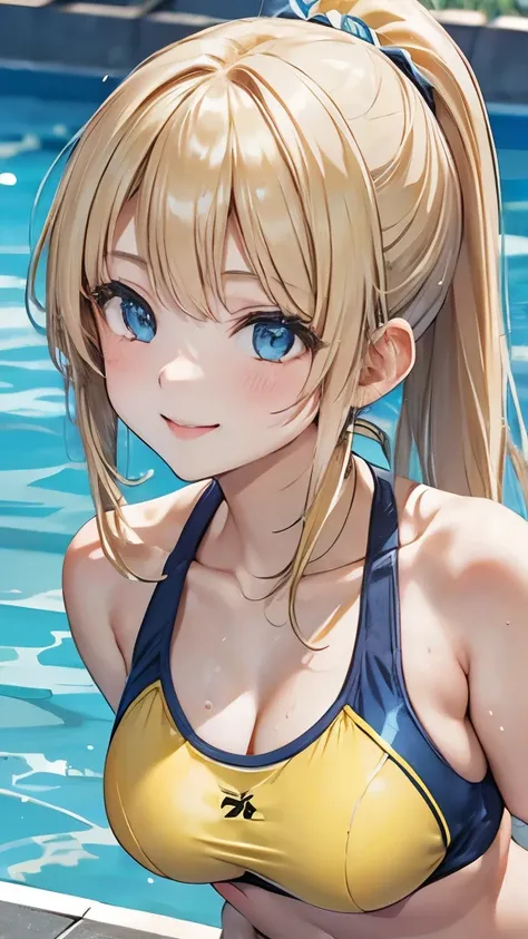 School Swimsuit　Yellow swimsuit　Blonde　Pool　smile　amount　ponytail　