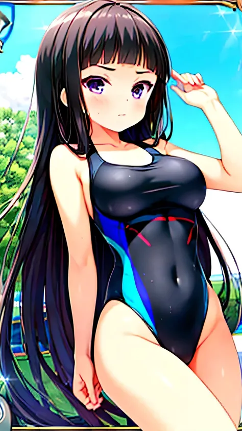 (((masterpiece))),(((High resolution)))、(((8K)))、(((perfect face)))、 ((black competitive swimsuit)), look at the camera, thighs, ((top quality eyes)), ((detailed eyes)), ((detailed face)), (detailed texture)
