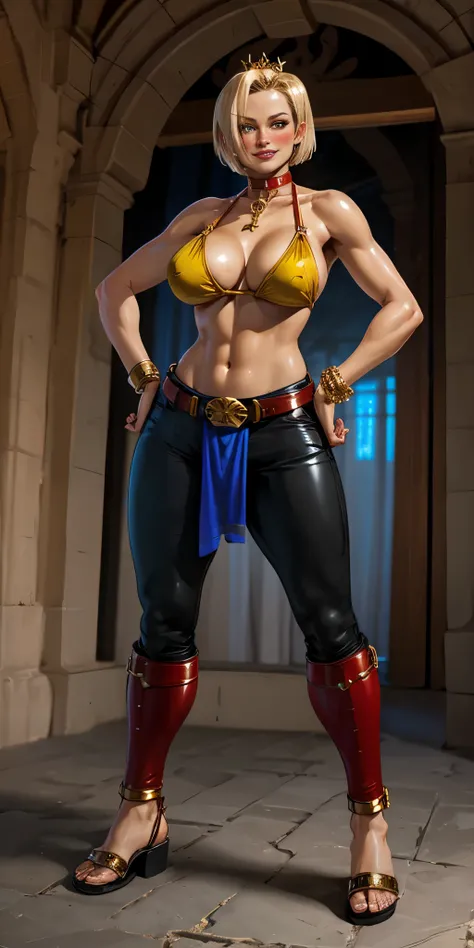 masterpiece, best quality, full body, solo, female, big breast (Android 18 Face) yellow bikini, hands on waist, navel, lustful smirking smiling, smile face (red blushed, red cheeks), metal shoulders, gold sleeveless armbands, black leather choker collar, s...