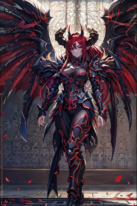 body Portrait of a demonic Female Generail long red hair wearing red black armor she has horns and black wings 4k sehr detailierte details 3d