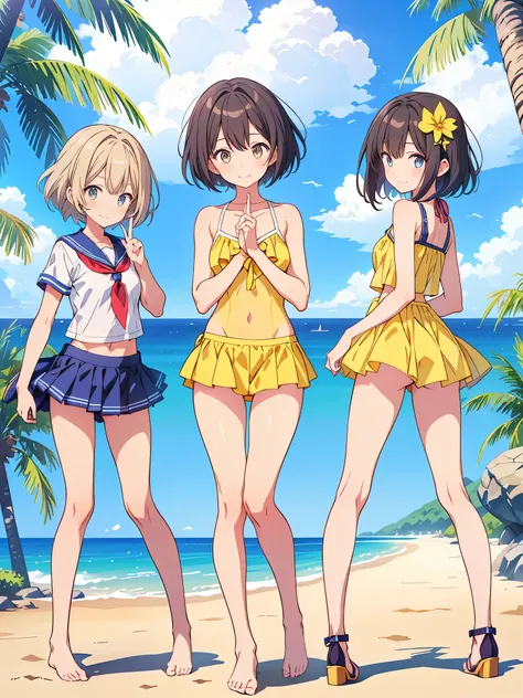 High quality images of three anime girls in swimsuits posing for photos、Highest quality、Complete limbs、Full Finger、Slender beauty、1 person、smile、Embarrassed expression、Very Short Hair、Yellow School Swimsuit、Blue knee-high、Are standing、Grow legs、turn around