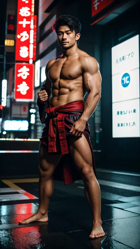 Realist:1.3,( fPhoto, Realist, 8k, RAW Photos, Premium Quality, masterpiece, Spectacular lighting, Centered Images), whole body, Wearing a Japanese kimono, ２Fighting with the sword of books,  (Handsome Japanese young man, Confident、Trained muscles., Wild m...