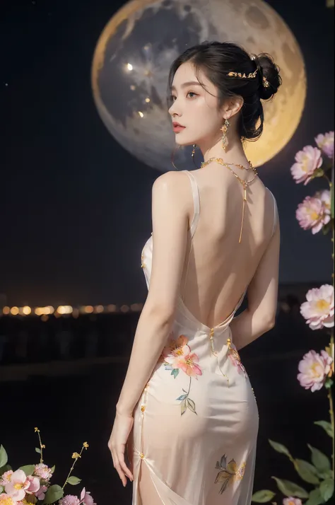 (((best quality))),(((ultra detailed))),(((masterpiece))),illustration,((1 girl,solo)),(neat chignon:1.2),(beautiful face:1.3),((earrings,crystal necklace)),((slim,thin)),((bare back,towering hips,butt crack)),(stockings:1.3),(a moon in the clear night sky...