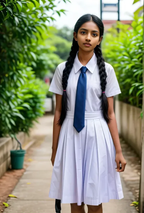 Raw photo, two beautiful Sri Lankan teen schoolgirls, with plaited hair, four girls coming towards the camera in a school walkway , wearing white frocks and blue color ties, white shoes, with school backpacks, professional photographer, (hdr:1.4), masterpi...