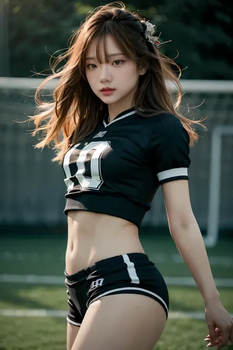 Masterpiece, superlative, realistic, Jennie wearing trendy football uniforms, knitwear, football shorts, HD, photography lighting, 16k