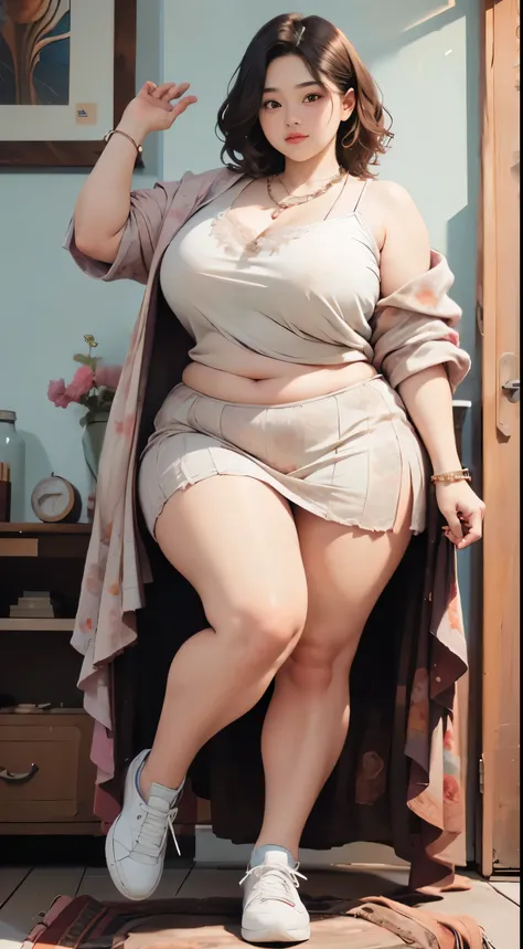 1 girl, Slightly obese body, Big Size, Round face, Double chin, Overweight, Fluffy short curly hair up to shoulder length , High-Long White Parka Lace Gauze Skirt ,belly button,She is leaning her weight on her stomach and looking at the camera,Dark Room, w...