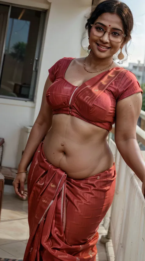 RAW photo, natural lighting, best quality:1.15) Indian woman Nisha, wearing colorful saree blouse, 30 years old, (chubby cheeks:1.1), (curvy body:1.4), (eyeglasses), (bindi), An Indian beauty, charismatic, fair skintone, view the viewer, naughty smile, bal...