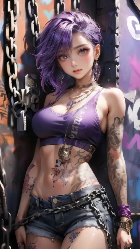 beautiful girl with vibrant purple hair, covered in tattoos, proudly displaying a key-shaped earring while standing in front of ...