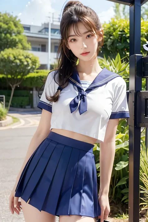 (Ultra HD), (Looking at me), (The whole body is shown), (Short-sleeved sailor uniform, Navy blue low-rise mini skirt), Big Breasts, Super beautiful breasts, slender, Narrow waist, (Thin legs:1.2), (Thin thighs:1.2), (Thin Hips:1.4), (Beautiful Skin, Shiny ...