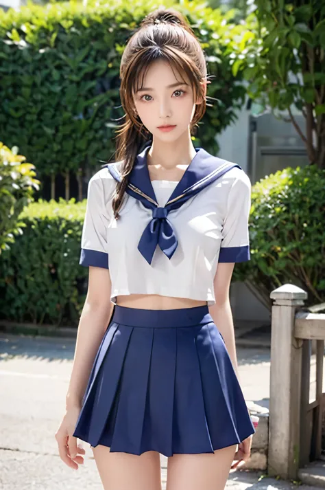 (Ultra HD), (Looking at me), (The whole body is shown), (Short-sleeved sailor uniform, Navy blue low-rise mini skirt), Big Breasts, Super beautiful breasts, slender, Narrow waist, (Thin legs:1.2), (Thin thighs:1.2), (Thin Hips:1.4), (Beautiful Skin, Shiny ...