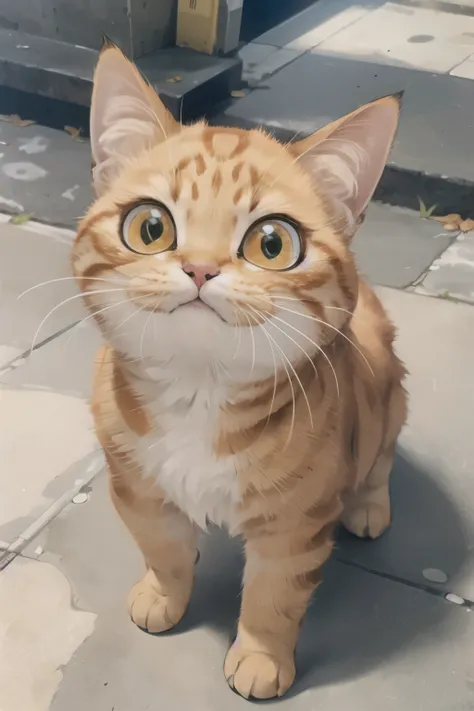 One little Orange kitten Nina Big eyes happily walking on street