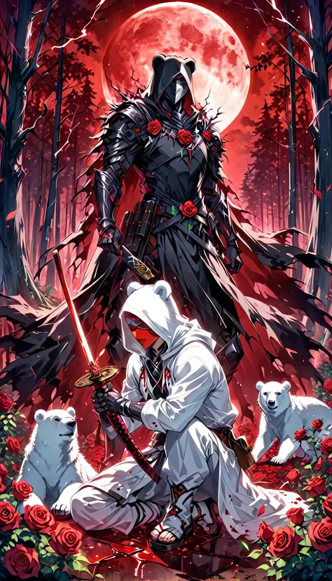 a man with a white hood with bear ears and a katana sits next to a polar bear in a forest while the blood moon shines, many rose...