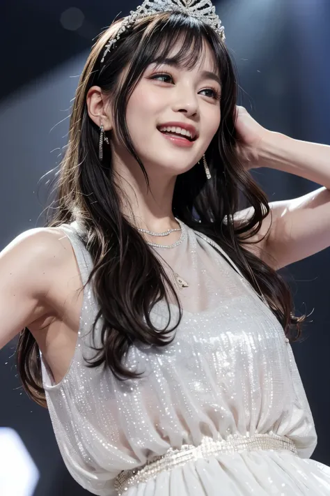 realistic, on the stage of the concert, brightly lit by spotlights on the stage, extremely bright lighting, wearing luxury dark green dress, exposed a chest, singing while smiling, wearing like a tiara on the head, long light silver hair, hair is blowing i...