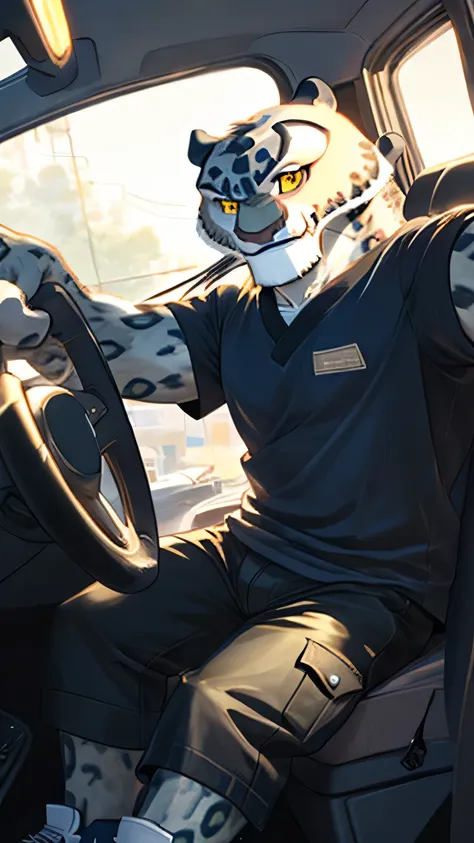 Kung Fu Panda cartoon, furry snow leopard Tai Lung, handsome, extremely beautiful face, perfectly detailed yellow eyes with perfectly detailed pupils, muscular body, gentle look, blue t-shirt, denim cargo shorts, blue sneakers, sexy, hot, tall, slender, sm...