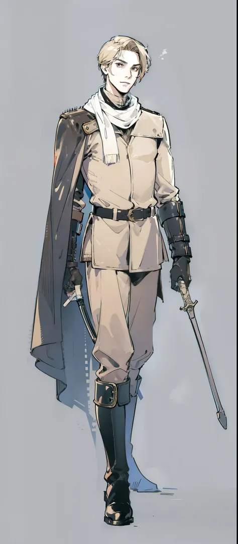 (Link:1)(Warrior:1), (adult man:1.33), standing, full body, leather combat boots, beige pants, dark gloves , (narrow eyebrows:0.33), (confident:1.4), (smiling:0.4), (clenching fists:0.33), scarf, holding riding crop,male,confident,strong,tall, from_below, ...
