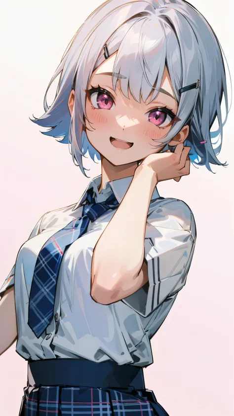 Silver and bob short hairstyle, Tie your hair up with a hair clip, Pink Eyes、white blouse shirt, Tartan Check Skirt, Upper Body、smile, Open your mouth, After-School Classes