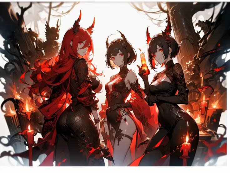 ((masterpiece, best quality)), Epic battlefield atmosphere，Heroic Demon Lord，Flame Surround，Ashes of Heaven，A meticulous face，Standing image，Perfect body proportions，Stylish short hair，Beautiful red eyes，Fantasy style，White background，transparent，Sexy，Lace